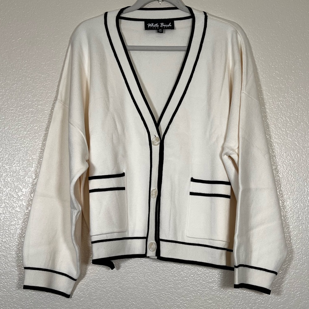 Off-white button down cardigan with black trim, size 3X